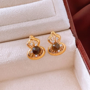 Vintage gold hollow gourd earrings with tiger eye stone and zircons for women