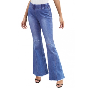 High waist flared denim jeans for women with distressed knees and raw fringe hem in blue