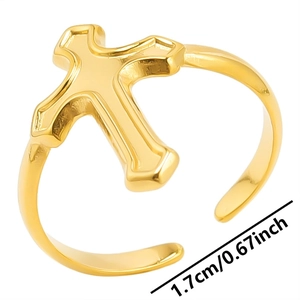 Detail shot of golden cross open ring with 1.7cm diameter measurement for size reference