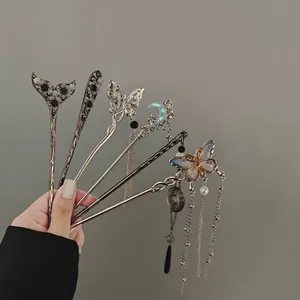Set of six Chinese style vintage hairpins with butterfly, moon, and pearl tassel designs
