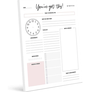 Detail view of pink minimalist daily planner with to-do list and water intake tracker