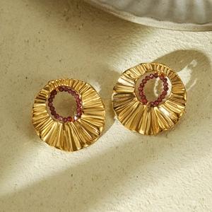 French vintage gold pleated round earrings with purple bead accents in a luxury style