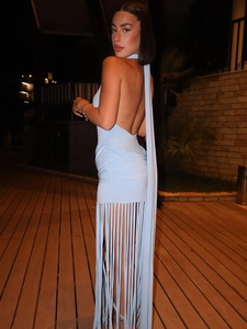 Light blue halter backless dress with long fringe hem and matching neck scarf