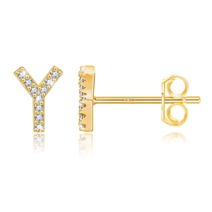 Close-up of S925 sterling silver letter Y stud earrings with sparkling cubic zirconia