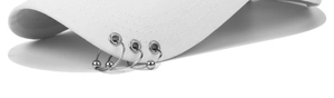 Close-up of white baseball cap brim featuring three silver metal rings with beads decoration