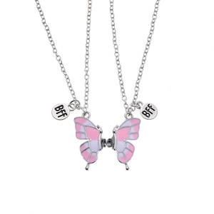 Magnetic butterfly necklaces for best friends with pink enamel and BFF tags