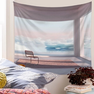 Bedroom wall with surreal dreamlike tapestry featuring a purple room and clouds