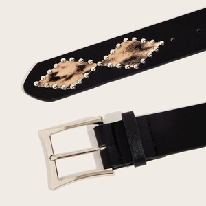 Punk style black leather belt with leopard print inlay and silver rivets detailing