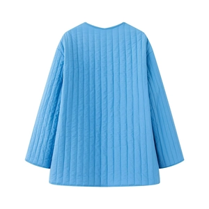 Detailed close-up of light blue quilted jacket with vertical stitching and round collar