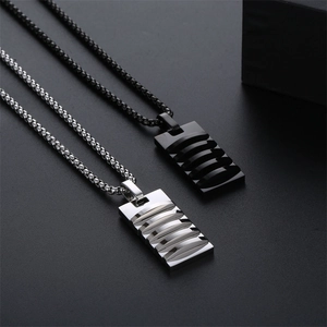 Polished silver and black rectangle wave texture pendant necklaces for men