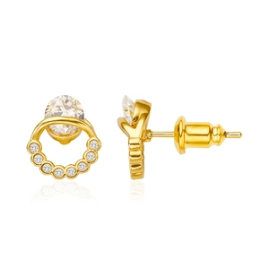 Vintage gold plated round hollow earrings with sparkling zircon inlay on white background