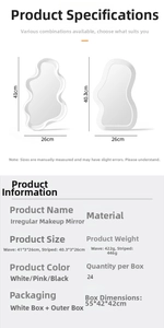 Irregular makeup mirror dimensions detail showing wave and stripe frame size information