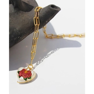 Vintage gold heart pendant necklace with red enamel rose and pearl paperclip chain