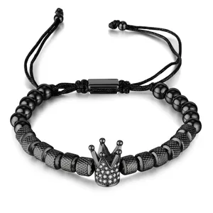 Crown Beaded Bracelet Stainless Steel Zircon Rhinestone Adjustable Rope Men Retro Fashion Jewelry