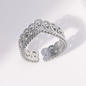 Crown Hollow Out Ring Stainless Steel 18K Gold Plated Retro Lace Beaded Edge Open Adjustable Jewelry For Women