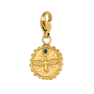 Gold bee embossed charm with blue gemstone and lobster clasp on brushed metal surface