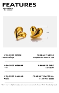 Detailed size and weight guide for gold heart earrings in polished stainless steel