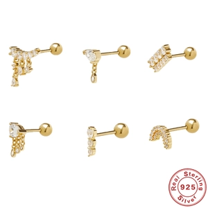 925 Sterling Silver CZ Paved Cartilage Piercing Earring Stud Screw Ball Back Geometric Western Style Women Gold Jewelry