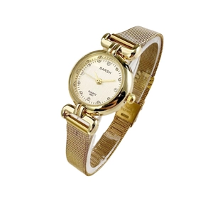 Vintage gold quartz watch for women with rhinestone markers and mesh metal band
