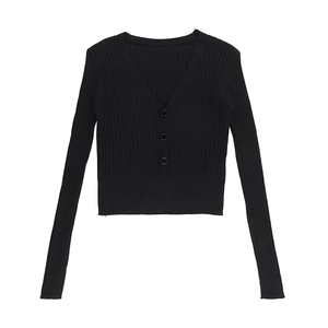 Close-up of black ribbed knit cardigan featuring a deep V-neck and three-button closure
