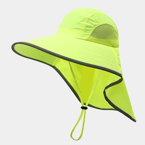 Detail view of high-visibility yellow sun hat with neck flap and mesh ventilation