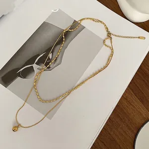 18K gold plated double layer stainless steel necklace with bead chain and round pendant