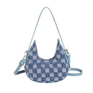 Retro denim checkered half-moon shoulder bag with distressed edges and leather trim