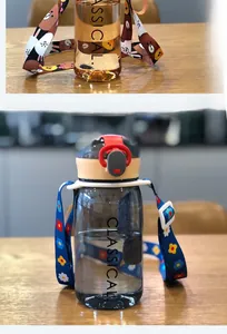 Close-up of portable plastic water bottle with adjustable strap and cartoon design