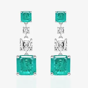 925 Sterling Silver Synthetic Emerald Drop Earrings With White Cubic Zirconia Geometric Vertical Dangle Jewelry