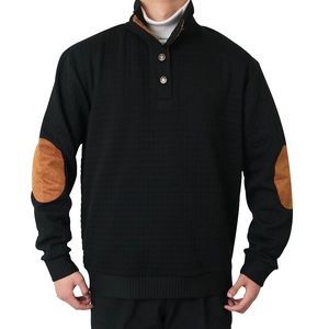 Men's quarter-button sweatshirt in black waffle knit with contrasting brown elbow patches
