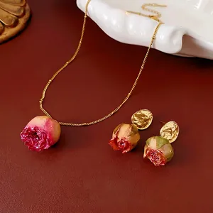 Vintage Preserved Rose Flower Necklace And Earrings With Silver Earring Post Gold Plated French Style Women