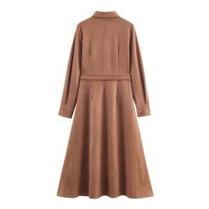 Back view of brown long-sleeve faux suede dress with waist tie and A-line silhouette