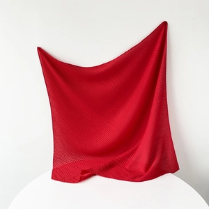 Red pleated square scarf for women featuring premium cotton linen texture and crinkle style