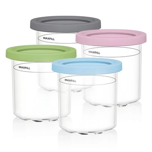 Detailed view of four replacement ice cream pints with colorful lids and max fill line