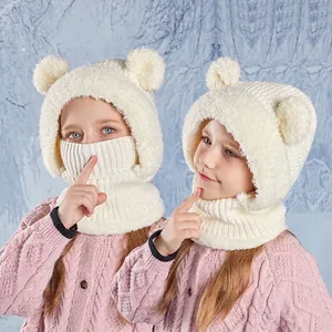 Cute bear ear knit hat and scarf set for kids in cream white with plush lining