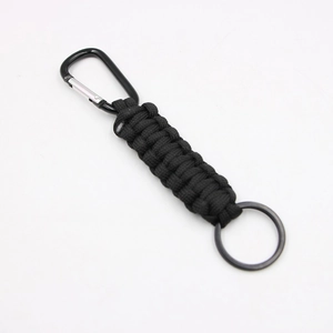Hand-woven black paracord keychain with sturdy metal carabiner and round ring