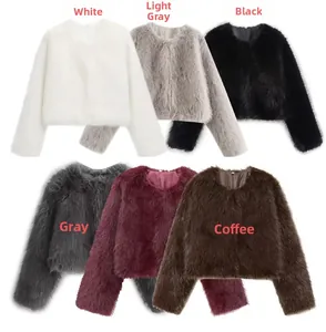 Flat lay of multiple cropped faux fur jackets showing colors like white, grey and black