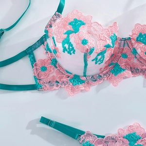 Detail of pink floral lace embroidery and teal adjustable straps on a mesh bra