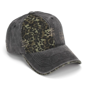 Close-up of distressed gray baseball cap with leopard print patch and SU embroidery