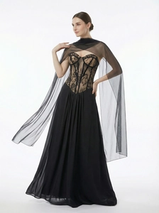 Elegant Black Lace Bustier Maxi Evening Dress And Sheer Mesh Shawl Formal Party Gown Women