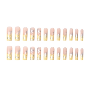 French manicure press-on nails in nude and yellow with silver butterfly designs