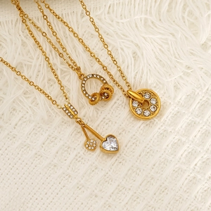 Gold stainless steel heart, horseshoe, and hollow wheel necklaces with white zircons
