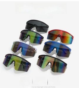 Detailed collection of cycling sunglasses showing various splatter patterns and colorful lenses