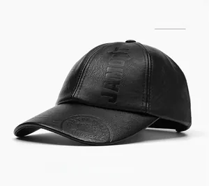Detailed view of black PU leather baseball cap with textured finish and embossed logo
