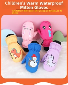 Waterproof cartoon ski mittens for kids aged 3-10 in five colors and cute designs