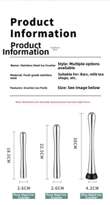 Detailed view of food-grade stainless steel cocktail muddlers in various sizes for bar use