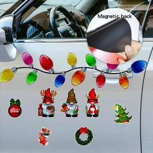 Detail of magnetic Christmas gnome car decals showing reflective bulb shapes and magnetic back
