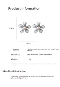 Detail showing 2.4cm crystal flower stud earrings with 925 silver needles and pearls