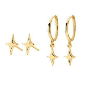 S925 sterling silver gold plated minimalist four-pointed star stud and hoop earrings