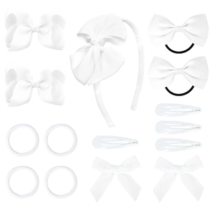 Flat lay of 15pcs white ribbed ribbon bow hair clips and headband set for girls